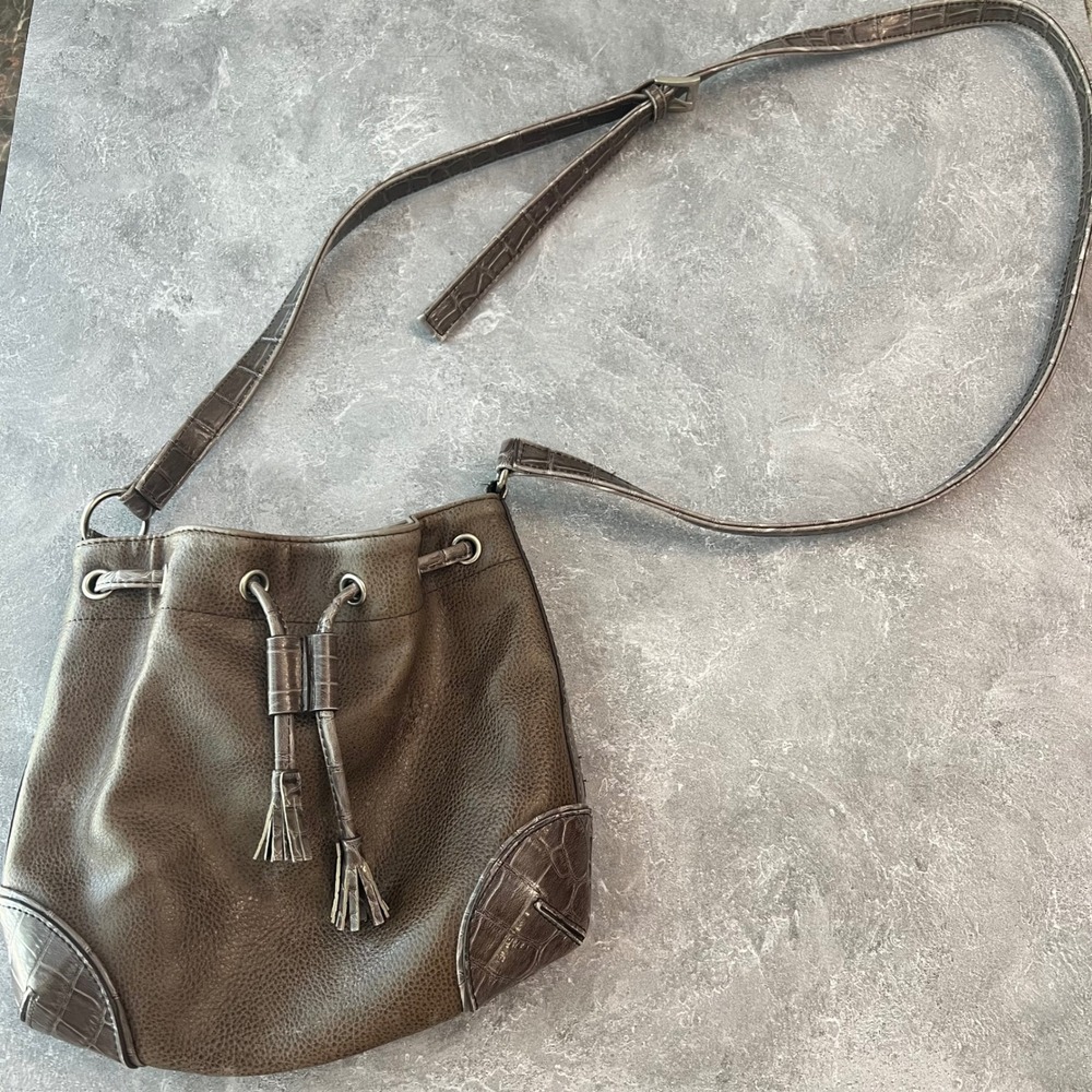 Liz Claiborne Accessories Brown‎ Faux Leather Bucket Bag Drawstring Purse